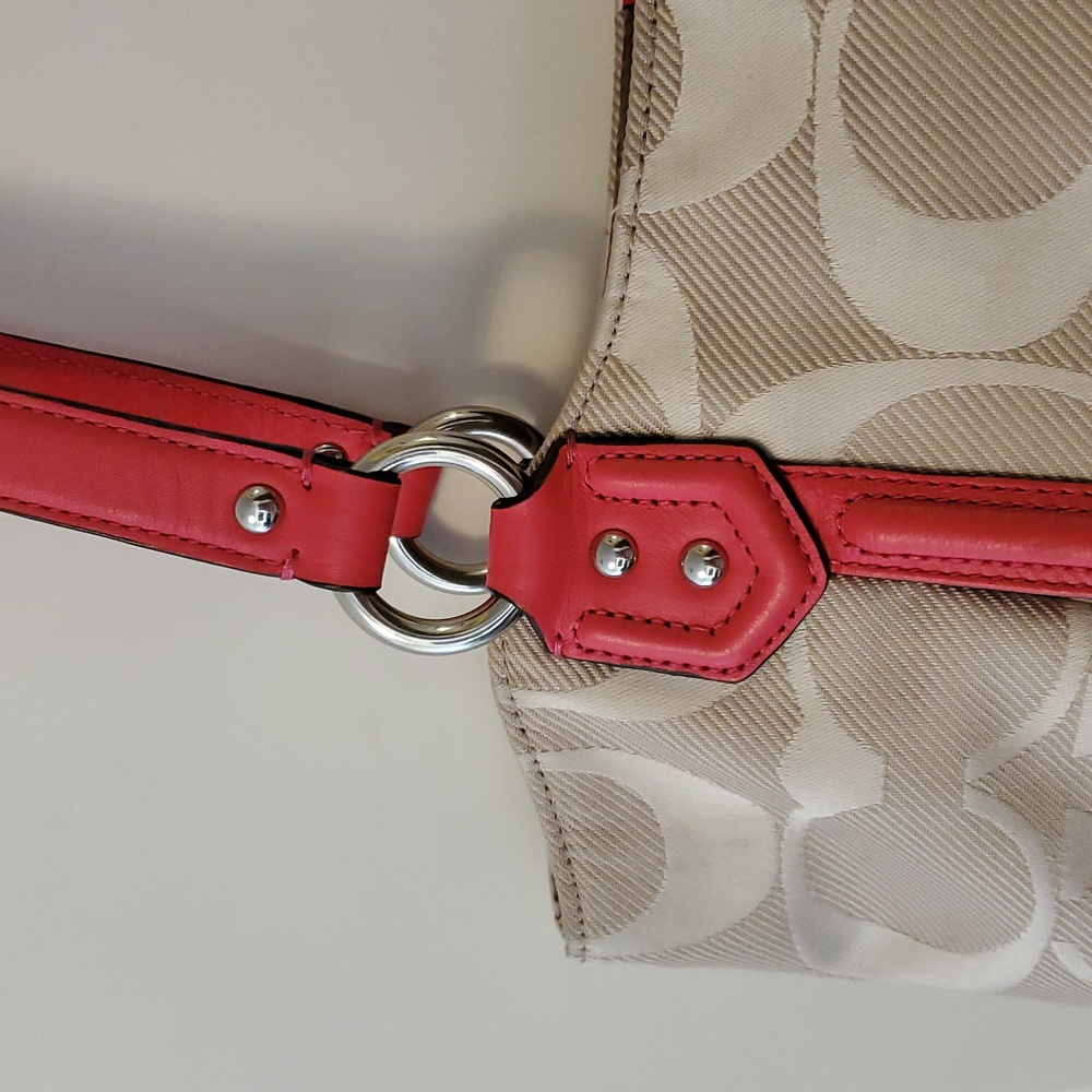 Coach Campbell Signature Belle Carryall Tote – Khaki & Pomegranate Pink Leather - Picture 6 of 10